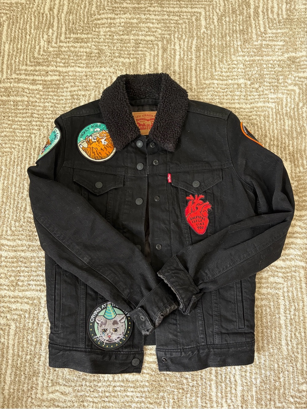 Levi's Black Denim Jacket with Sherpa Collar and Patch Details
